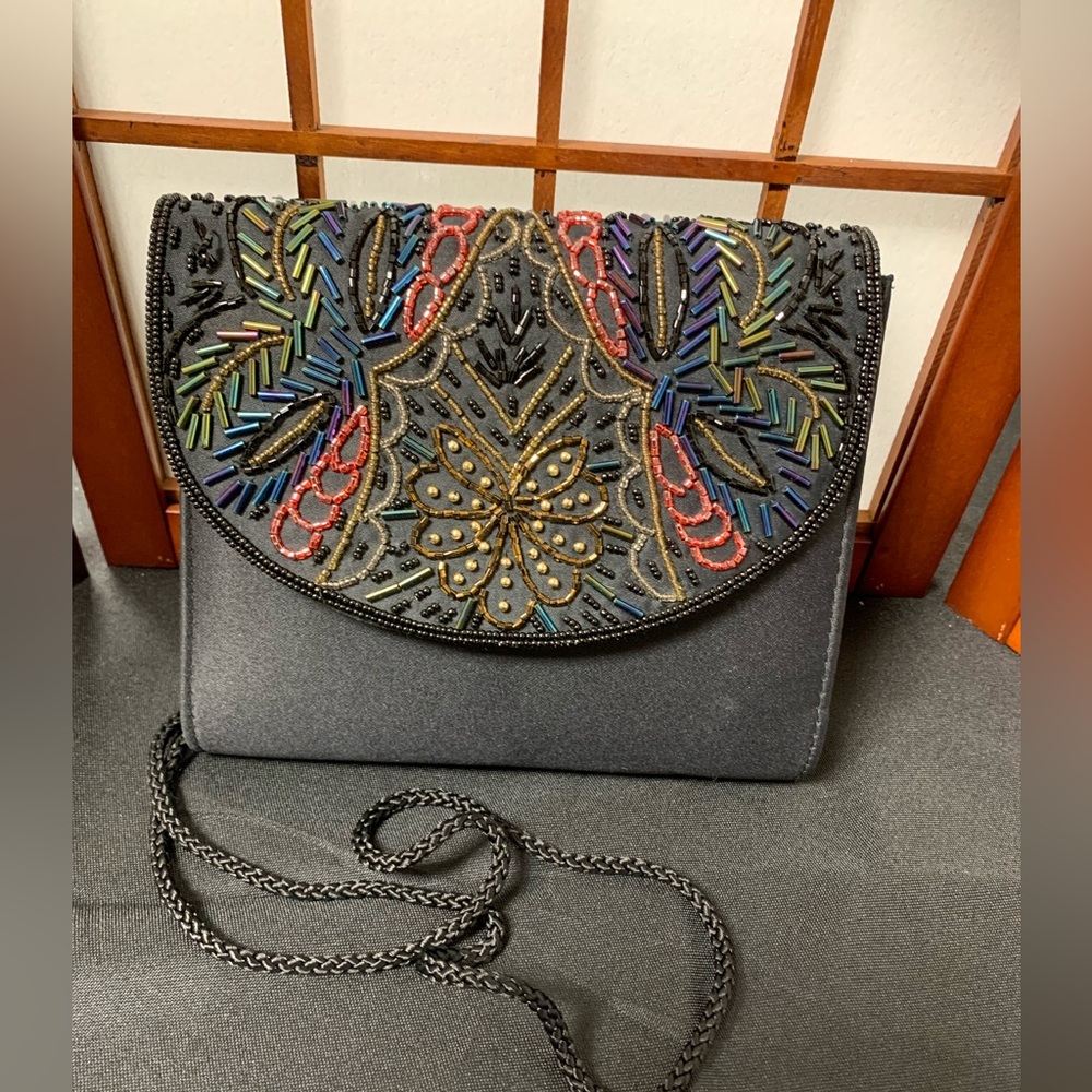 Women’s Evening /Dress purse bag Satin Black withColorful Beaded work - Picture 2 of 6